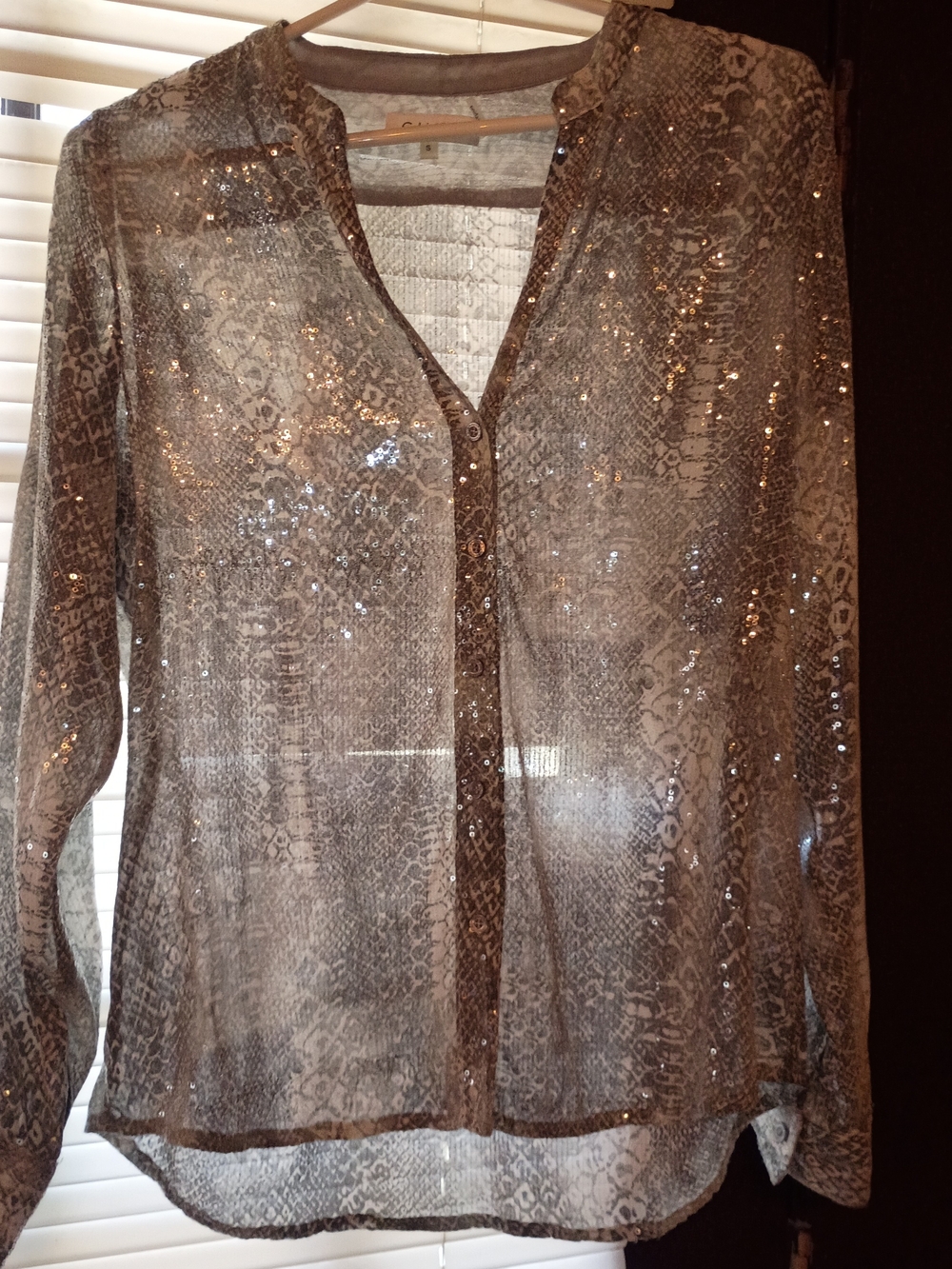 Calvin Klein Taupe Sequined Sheer Button-Down Shirt